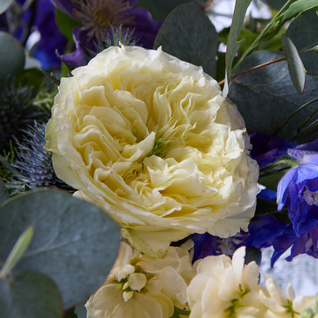 Real Wild Child (Blue delphinium / Roses / Stocks / Dill / Clematis / Eryngium / Eucalyptus)